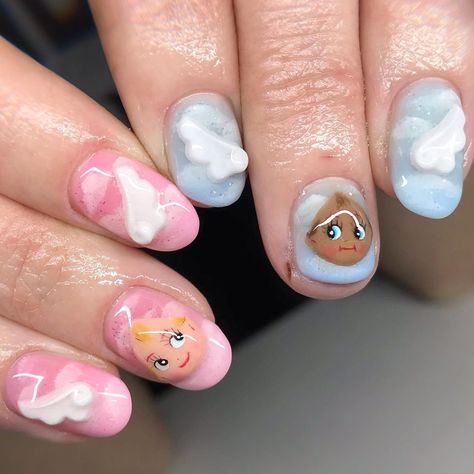 �✨Nail Tenshi, Annie 🌈✨ on Instagram: “My new fav set 👼👼🏾 #artistchoice 3D angel #kewpie nails 🍼🎀 for @oishle 💕☁️ . . . #nailart #nailartist #kewpiedoll #kewpienail #キユーピー…” Kewpie Nails, Shower Nails, Baby Shower Nails, Sonny Angels, Painted Nails, Kewpie Dolls, Builder Gel, Angel Aesthetic, Just Girl Things