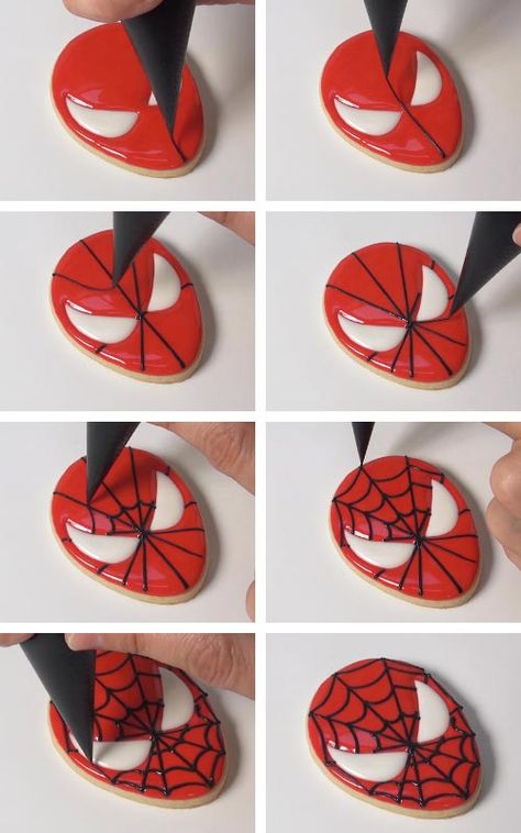 Spider Man Biscuit, Superhero Royal Icing Cookies, Spiderman Cookies Decorated Birthday, Diy Spiderman Cupcakes, Spider Man Royal Icing Cookies, Spider Man Birthday Cookies, Spiderman Birthday Desserts, Diy Spider Man Cake, Spider Man Cookie Cake