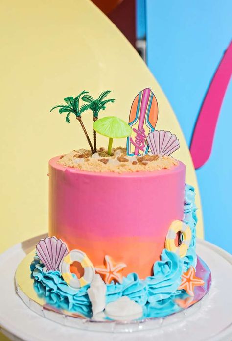 Layla's Malibu Barbie Birthday Party | CatchMyParty.com Barbie Beach Party Outfit, Barbie Cake One Tier, Hawaiian Barbie Cake, Malibu Beach Party Theme, Malibu Barbie Party Invitation, Barbie Malibu Birthday Party Cake, Barbie Pool Party Birthday Cake, Beach Themed Girls Birthday Party, Barbie Palm Tree