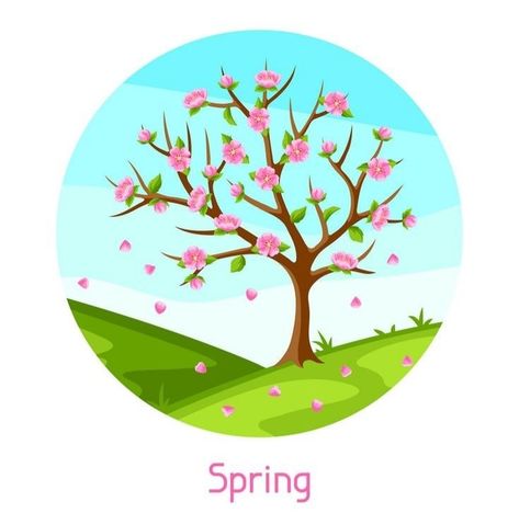 Spring Season Images, Spring Season Drawing, Seasons Illustration, Spring Blooming Trees, Crown Clip Art, Seasons Posters, Sakura Flowers, Spring Images, Vector Art Design