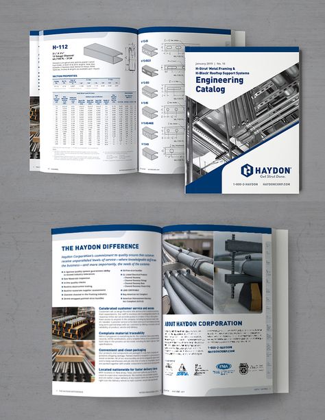 Aviate Creative designed Haydon Corporation's new strut metal product catalog. Haydon is a metal manufacturer of strut metal, baseboards, and rooftop support systems.  #catalog #catalogdesign #productcatalog #manufacturing #metalmanufacter #metalcatalog #metalproducts Engineering Catalogue Design, Industrial Catalog Design, Products Catalog Design, Product Catalog Cover, Product Brochure Design, Product Catalog Design, Catalog Design Inspiration, Booklet Design Layout, Print Design Brochure