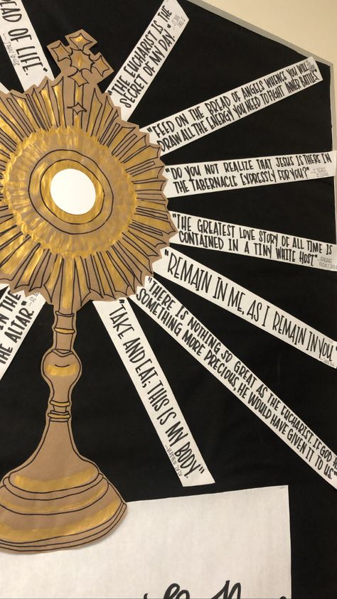 Look to Him and be Radiant: Jesus in the Monstrance Bulletin Board Ideas (and Eucharist Video Playlists!) Confirmation Retreat Ideas Catholic, The Eucharist, Jesus Bulletin Boards, Catholic Wallpaper, Bulletin Boards Theme, Bulletin Board Design, Youth Group, Youth Ministry, Acrylic Craft Paint