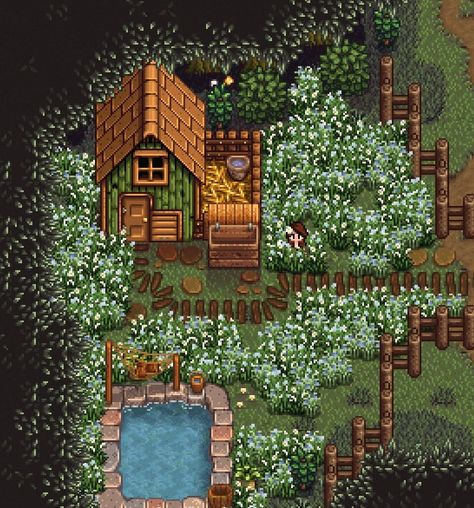 Stardew Valley Farm Layout Cozy, Stardew Valley Silo Layout, Stardew Valley Fairycore, Stardew Farm Ideas, Cute Stardew Valley Farm, Stardew Valley Farm Design, Stardew Farm Layout, Stardew Valley House, Patio Oasis Ideas