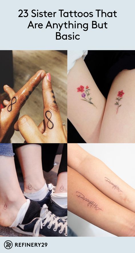 These sister tattoos are anything but basic  #tattoo #sister #family #tinytattoos Tattoo Designs Sisters, Sister Tattoos Unique, Tattoos Siblings, Twin Sister Tattoos, Sister Symbol, Sister Symbol Tattoos, Tattoo For 3, Three Sister Tattoos, 3 Sister Tattoos