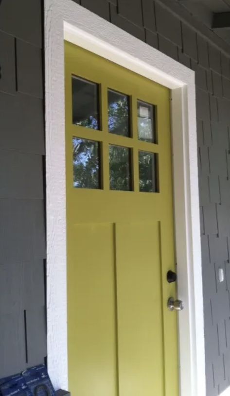 Mustard Yellow Front Door Gray House, Mustard House Exterior, Chartreuse Front Door, House Doors Colors, Yellow Front Door, Bright Front Doors, Yellow Front Doors, Green Front Doors, Chartreuse Color