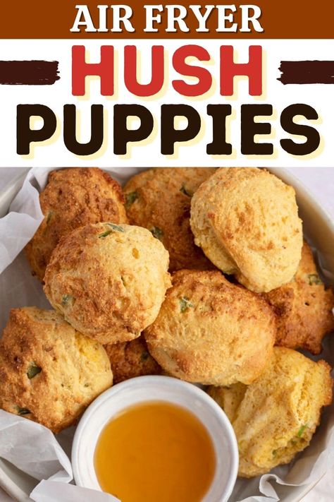 These Air Fryer hush puppies are crunchy on the outside and oh-so-tender and fluffy on the inside. They're like crispy golden fried balls from heaven. Hush Puppies Recipe Air Fryer, Air Fryer Hush Puppies Recipe, Air Fryer Hush Puppies, Breville Oven, Nugget Recipes, Fried Balls, Hush Puppies Recipe, Corn Meal, Cooks Air Fryer