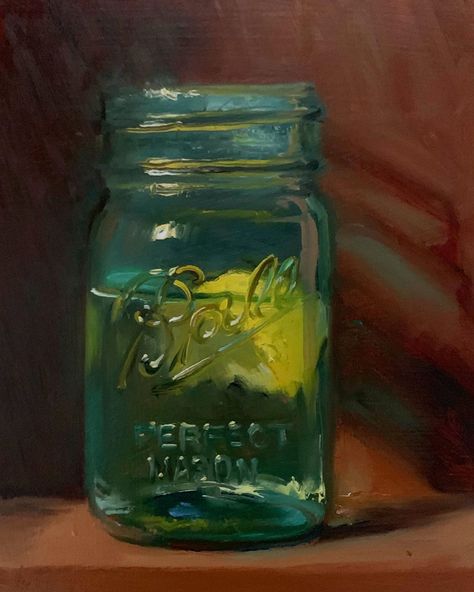 Pickle Jar Painting, Ball Jar Paintings On Canvas, Painting Of A Mason Jar, Painting Mason Jars With Acrylic Paint, Mason Jar Painting, Jar Of Pickles Painting, Jar Oil Painting, Lemon Oil Painting, Jar Painting