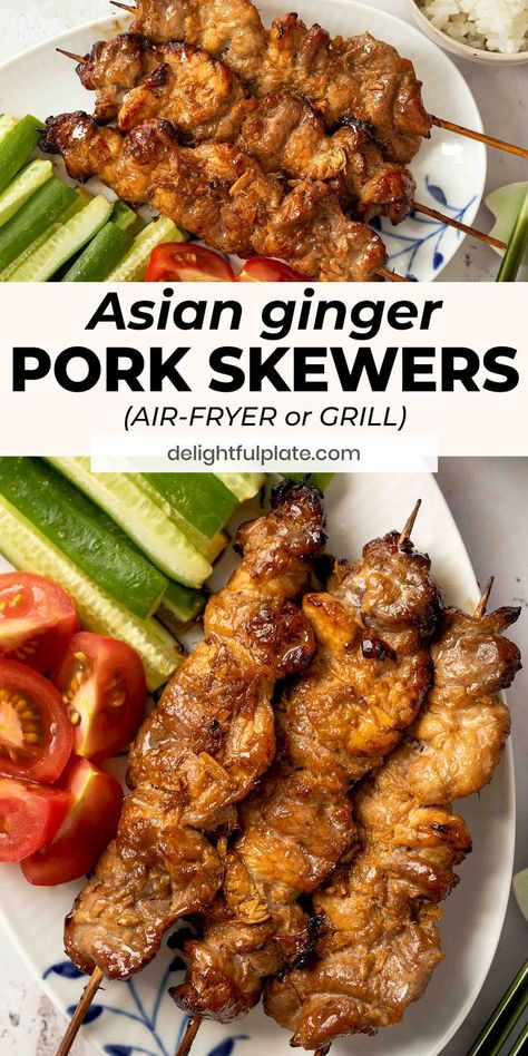 These Asian Pork Skewers are flavorful and juicy with a Japanese-inspired marinade made from soy sauce and ginger. They are so quick and easy to cook in an air fryer or on the grill. Serve with cucumber sticks and rice for dinner. Pork Skewer Recipes, Airfryer Pork Belly Recipes, Air Fryer Chinese Recipes, Ginger Recipes Dinner, Cucumber Sticks, Asian Pork Recipes, Asian Grill, Pork Kabobs, Pork Skewers