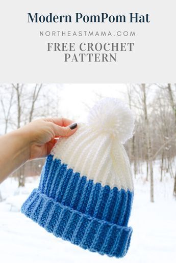 Free Crochet Pattern: Sizes 6 months - Adult. The Modern PomPom Hat is the perfect, on trend hat for winter. Beanie Diy, Crochet Hats Free Pattern Ladies, Pola Topi, Crochet Adult Hat, Crochet Winter Hats, Easy Crochet Hat, Crochet Hat Free, Mode Crochet, Crochet Knit Hat