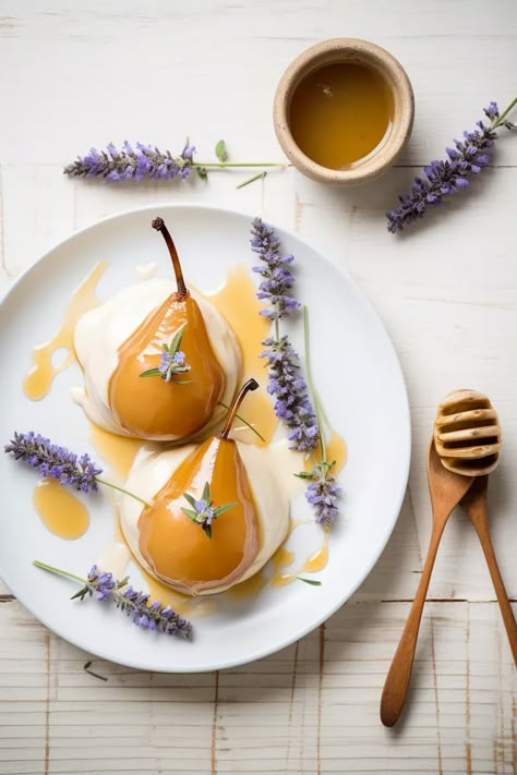 Lavender and Honey Poached Pears with Yogurt - Cooking Mediterranean Poach Pear Dessert, Feminine Food, Poached Pears Dessert, Poached Fruit, Lavender Food, Pear Photography, Desserts Photography, Dinner Hosting, Mediterranean Desserts