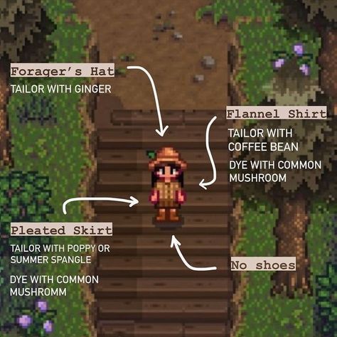 Stardew Outfits Ideas, Stardew Valley Sewing Machine Recipes, Stardew Valley Cute Clothes, Stardew Valley Tailoring Ideas, Stardew Valley Fashion, Cute Stardew Valley Outfits No Mods, Stardew Valley Outfit Ideas Starter, Cute Stardew Valley Outfits Ideas, Stardew Outfits No Mod