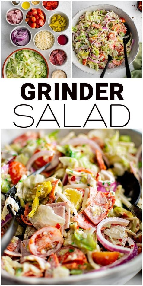 This Grinder Salad is everything you love about the classic Italian-American Grinder sandwich minus the bread! Made salami, ham, pepperoni, provolone, pepperoncini, and fresh veggies all coated in a creamy mayo dressing, serve this high-protein salad antipasto style or as a simple side salad for lunch or dinner. Hi Protein Salads, Healthy Antipasto Salad, Grinder Sandwich Salad, Italian Salami Salad, Italian Grinder Bean Salad, Italian Sandwich Salad, Grinder Salad Recipe, Macro Salad, Hoagie Salad