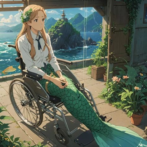 Mermaid with the long fishtail in wheelchair - AI Generated Artwork - NightCafe Creator Mermaid Fantasy Art Mythical Creatures, Wheelchair Mermaid, Summer Anime Art, Mermaid Model, Mermaid Anime, Aqua Mermaid, Anime Mermaid, Demi Human, Sketch Poses