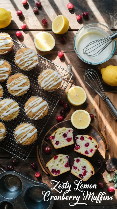 Overhead shot of lemon cranberry muffins on a rustic table with fresh ingredients, baking tools, and natural light entering from left. Cranberry Lemon Muffins, Lemon Cranberry Muffins, Cranberry Recipes Muffins, Lemon Cranberry, Healthy Smoothie Bowls, Smoothie Bowl Healthy, Cranberry Muffins, Breakfast Lovers, Lemon Muffins