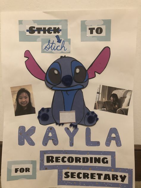 Here’s a cute poster image for a seventh grader running for student council this year. #liloandstitch #campaignideas # studentcouncil #2018-2019council #cute #foam Student Council Campaign Posters Ideas Creative, Poster Design Student Council, Student Council Posters Ideas Creative Funny, Asb Poster Ideas Student Council, Class Officer Campaign Poster, Treasurer Campaign Ideas, School Council Poster Ideas, Elementary Student Council Posters, Campaign Flyers Student Council