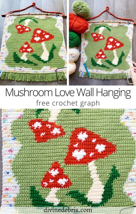 Mushroom Tapestry Crochet, Crochet Home Decor Patterns Free, Crochet Household Items, Crochet Room Decor Ideas, Crochet Room Decor, Diy Crochet Wall Hanging, Crochet Room, Crochet Graph Patterns, Positive Potato