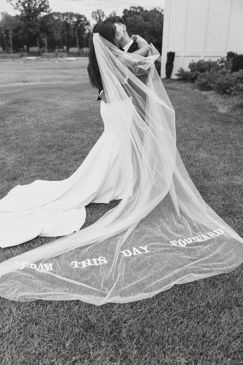 The Official List of 2023 Wedding Trends! - emberandstoneevents.com Wedding Veil With Writing, Veils With Words, Custom Veil Brides, Wedding Veil With Words, Writing On Veil, Embroidery On Veil, Veil Writing, Veil Embroidery Words, Veil With Writing