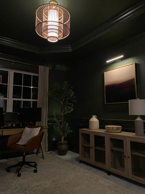 Green Moody Room, Moody Dark Office, Moody Dark Green Home Office, Dark Moody Small Home Office, Moody Green Office Space, Small Moody Study, Moody Minimalist, Dark Moody Office, Dark And Moody Office