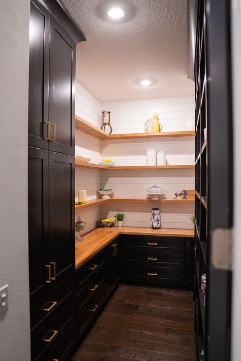 Black walk-in pantry #kitchen #blackcabinets #floatingshelves Pantry With Black Cabinets, Black Cabinet Pantry, Black Cabinets Pantry, Black And Wood Pantry, Black Pantry Cabinets, Dark Wood Pantry, Black Butlers Pantry, Pantry With Cabinets And Counter, Kitchen Cabinet Colors Combinations