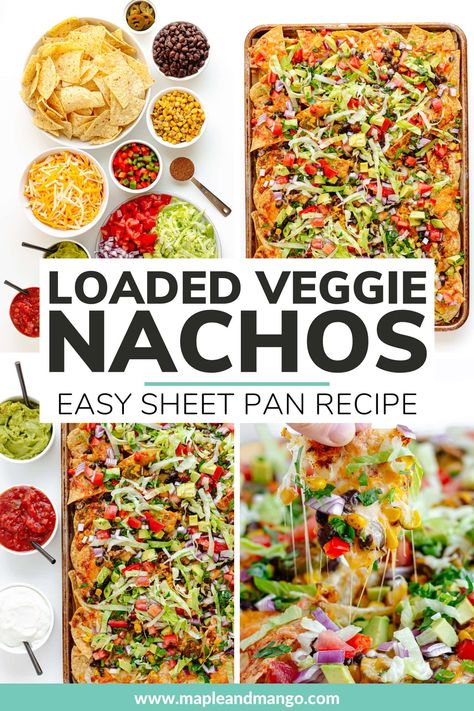 Say goodbye to boring old nachos and hello to these loaded veggie nachos! With layers upon layers of colorful veggies and ooey-gooey cheese, these vegetarian sheet pan nachos are guaranteed to be a crowd pleaser. Ready in under 30 minutes and can be served as an appetizer, snack or full meal. Perfect for Game Day, Cinco De Mayo, movie night or a fun and easy weeknight dinner! | www.mapleandmango.com Veggie Nachos Recipe, Veggie Lunch Ideas, Vegetarian Sheet Pan, Vegetarian Nachos Recipe, Loaded Nachos Recipe, Veggie Nachos, Sheet Pan Nachos, Healthy Nachos, Pan Nachos