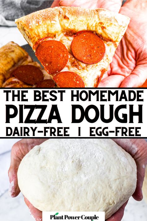 Overhead view of two hands holding fluffy dough with text reading the best homemade pizza dough dairy free egg free Pizza Crust Easy, Easy Dough Recipe, Vegan Pizza Dough Recipe, Homemade Vegan Pizza, Vegan Pizza Dough, Plant Based Pizza, Best Homemade Pizza, Pizza Dough Recipe, Dough Recipes