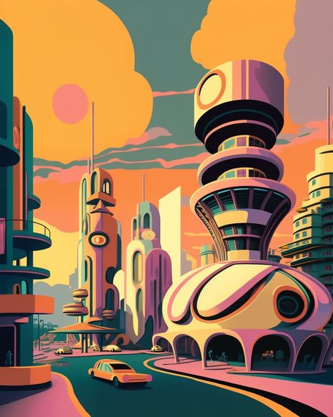 Sci Fi Illustration Retro Futurism, Utopia City Concept Art, Retro Futurism City, Futurism Building, Futuristic Art Illustrations, Retro Futuristic Architecture, Future City Illustration, Futuristic City Drawing, 50s Futurism