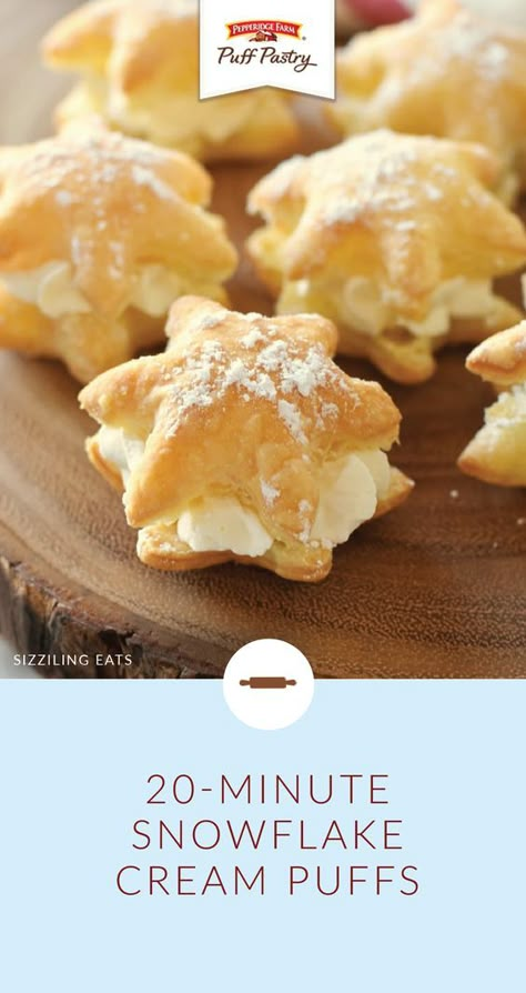 Delight your holiday guests with these 20 Minute Snowflake Cream Puffs from Amy, of Sizzling Eats. Simply use a cookie cutter to form Pepperidge Farm® Puff Pastry Sheets into the shape of a winter snowflake. Then, stuff with homemade whipped cream and top with powdered sugar to complete this festive, easy dessert recipe. Cream Puffs Recipe Easy, Cream Puffs Easy, Pepperidge Farm Puff Pastry, Cream Puff Recipe, Easy Dessert Recipe, Puff Recipe, Brownie Desserts, Dessert Aux Fruits, Pepperidge Farm