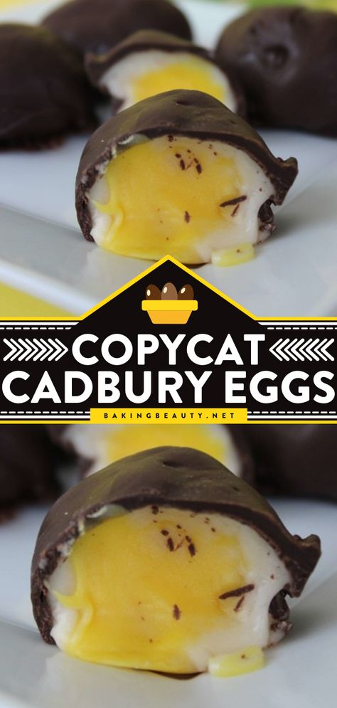 Copycat Cadbury Eggs Recipe, diy candy recipes, homemade candy ideas Cadbury Eggs Recipe, Homemade Cadbury Cream Eggs, Sees Copycat Recipes, Sees Candy Recipes Copycat, Homemade Candy Ideas, Cadbury Egg Recipes, Copycat Desserts, Homemade Candy Recipes, Chocolate No Bake Cookies