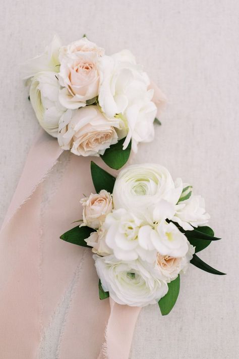 White And Blush Wedding, Chic Wedding Inspiration, White Corsage, White Freesia, Wrist Corsage Wedding, White Spray Roses, Gorgeous Wedding Bouquet, Rose Corsage, White Ranunculus