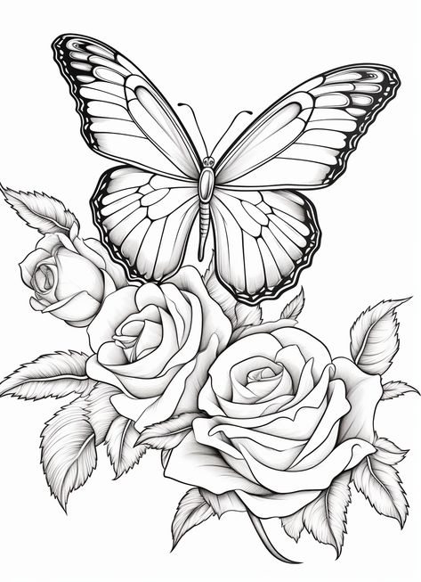 Free Printable Coloring Pages For Adults Creative, Flower Drawings Pencil, Cool Tattoo Stencil Outline, Rose Butterfly Drawing, Butterflies And Roses Drawing, Rose And Butterfly Tattoo Design, Coloring Pages Butterflies, Butterfly Rose Tattoo Stencil, Butterfly On Rose Drawing