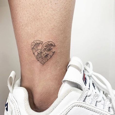 Heart Waves Tattoo, Ocean Heart Tattoo, Heart Wave Tattoo, Wave Heart Tattoo, Heart And Soul Tattoo, Finger Tattoos For Women, Dainty Flower Tattoos, Love Heart Tattoo, Tattoos Tiny