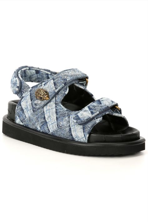 Kurt Geiger Shoes, Denim Sandals, Quilted Patchwork, Denim Quilt, Sandals Outfit, Patchwork Denim, London Shoes, Leather Heels Sandals, Girly Shoes