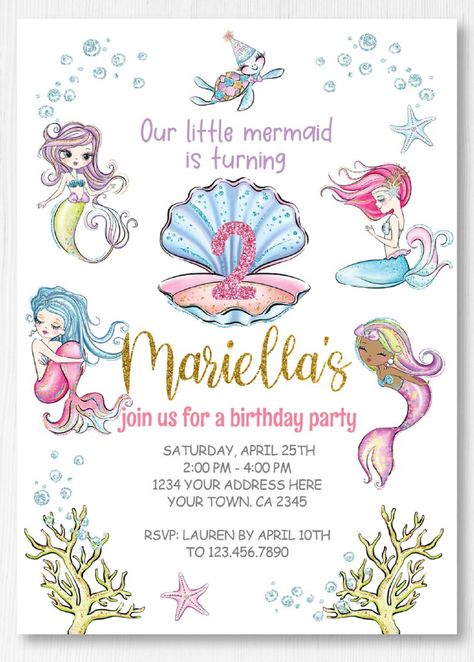 MERMAID BIRTHDAY INVITATION - Little Mermaid Party - Glitter Mermaid Birthday Invitation Card - Ariel Invitation Mermaid Theme Invitation Card, Printable Unicorn Birthday Invitations, Printable Unicorn Birthday, Little Mermaid Birthday Party, Little Mermaid Party, Birthday Invitation Card, Glitter Mermaid, Mermaid Invitations, Unicorn Birthday Invitations