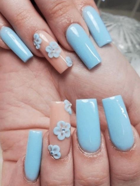 Nails With Light Blue, Aztec Nail Designs, Mood Nails, Spring Nail Design, 3d Acrylic Nails, Aztec Nails, Light Blue Nails, 3d Flower Nails, Rose Nail Art