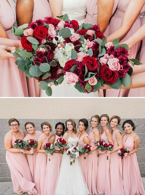 Red Blush White Wedding, Red And Blush Bridesmaid Dresses, Red And Pink Wedding Party, Red Pink White Gold Wedding, Red And Blush Wedding Color Schemes, Light Pink And Red Wedding, Red And Pink Bridal Bouquet, Red And Pink Wedding Theme Color Schemes, Red And Pink Wedding Bouquet