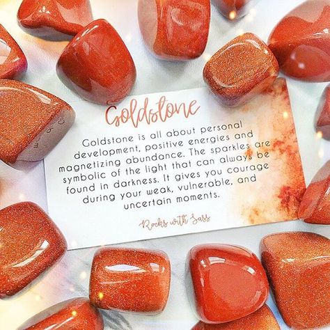 GOLDSTONE AFFIRMATION: I trust the intelligence of the universe. I harness my courage and strength. I know there is always light to be found in any darkness. Witchy Crystals, Crystals Healing Properties, Spiritual Crystals, Gemstone Meanings, Crystal Therapy, Crystal Healing Stones, In The Darkness, Crystal Meanings, Rocks And Gems