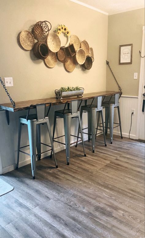 Bar Style Kitchen Table, Small Bar Against Wall, Kitchen Bar Attached To Wall, Kitchen Bar Dining Table, Kitchen Bar On Wall, Bar On The Wall Ideas, Diy Floating Coffee Bar, Small Bar Top Ideas, Wall Mount Bar Table