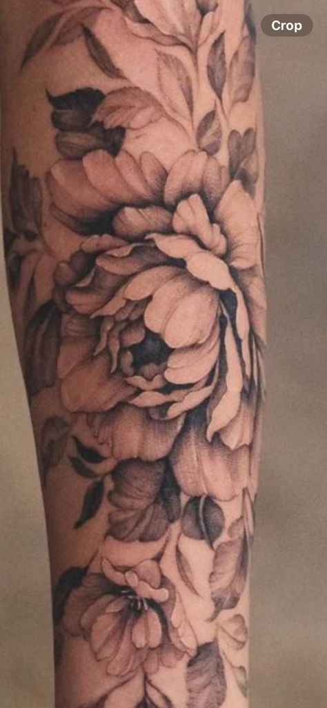 Shaded Peony Tattoo, Black White Peony Tattoo, Peonies Sleeve Tattoo, Peony Tattoo Realism, Rib Floral Tattoo, Peony Tattoo Black And White, Blackout Flower Tattoo, Realism Floral Tattoo, Realistic Floral Tattoo