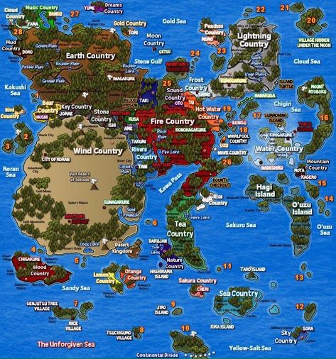 Is this the full official word map of the Naruto Universe ? Naruto World Map, Naruto World, World Painter, Kurama Naruto, Harbor City, Rpg Map, Anime Episodes, Elsword, Fantasy Map