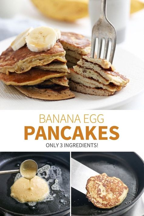 Banana Egg Pancakes call for only 3 ingredients, without any specialty flours. They are a great grain-free & gluten-free option, and kids love them, too! #paleo #pancakes #glutenfree #grainfree Banana Pancakes No Flour, Pancakes 3 Ingredients, Flourless Banana Pancakes, Paleo Banana Pancakes, Banana Egg Pancakes, Flourless Pancakes, Egg Pancakes, Gluten Free Banana Pancakes, Grain Free Pancakes