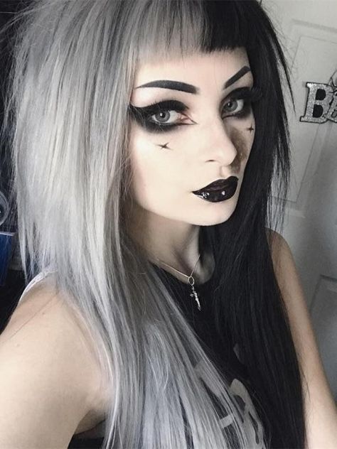 Split Dye Wig, Long Straight Hair With Bangs, Dye Wig, Straight Hair With Bangs, Goth Makeup Looks, Grey Hair Wig, Split Dye, Long Straight Wig, Black Wigs