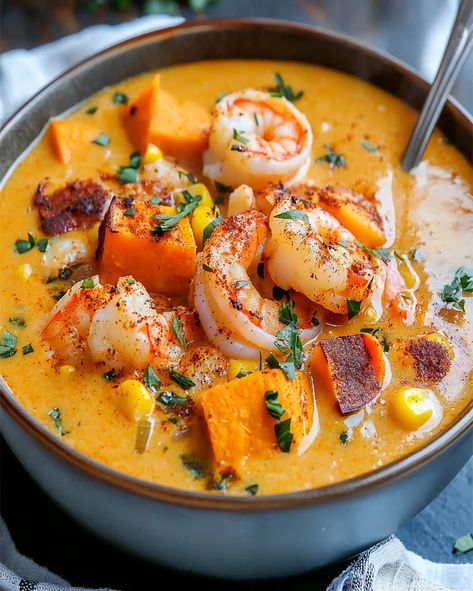 Cajun Sweet Potato Seafood Chowder Recipe - Easy & Tasty Sweet Potatoes And Shrimp, Shrimp And Sweet Potato Recipe, Shrimp And Sweet Potato, Loaded Chicken Nachos Recipe, Roasted Potatoes And Broccoli, Jasmine Rice Recipe, Seafood Chowder Recipe, Onion Butter, Jasmine Rice Recipes