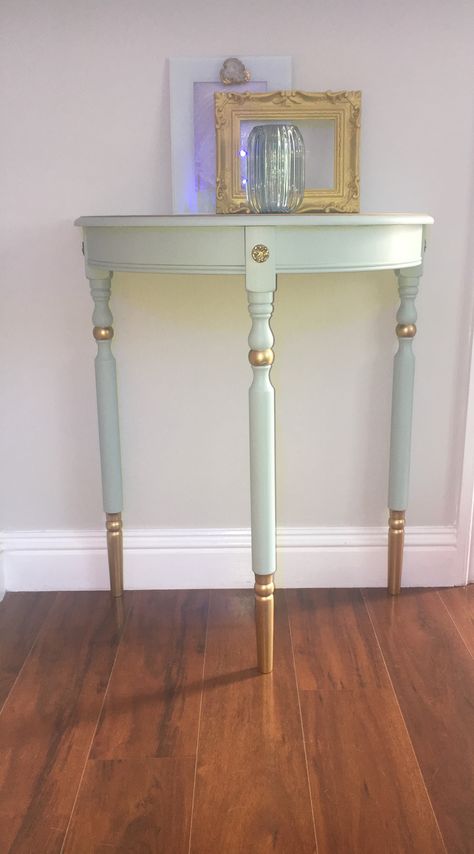 Half Moon Tables Painted, Half Moon Table Entryway, Diy Half Moon Table, Half Round Table Makeover, Half Round Console Table, Half Moon Table Decor, Upcycle Shelves, Half Moon Table Makeover, Council Table