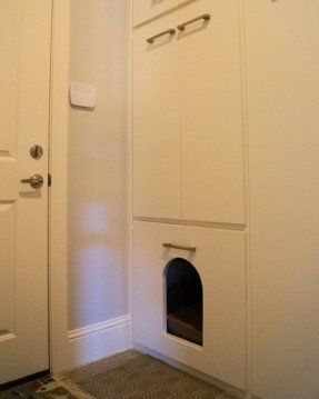 Litter-box cabinet keeps the yuck under cover by Victor Myers Hiding Cat Litter Box, Hidden Litter Boxes, Bathroom Linen Closet, Laundry Room Sink, Cat Cleaning, Pet Door, Bathroom Closet, Cat Door, Cat Box