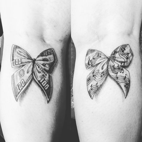 Bow tattoos money and music Bow Money Tattoo, Female Money Tattoos, Money Tattoos Women, Money Bow Tattoo, Bow Tattoos For Women, Bows Tattoo, Bow Tie Tattoos For Women, Money Tattoos, Back Of Thigh Bow Tattoo Women