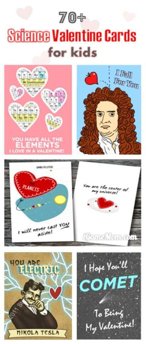 Science Valentine cards for kids, with cool pictures and catchy lines, science and scientists of physics, chemistry, animals, biology, … Fun printable Valentine cards for class Valentine exchange. #STEMforKids #Science #Valentine #Kids #ScienceValentine #ValentineCard #iGameMomSTEM #ScienceForKids #ValentinesDay Valentine Cards Kids, Catchy Lines, Weird Valentines, Valentine Cards For Kids, Science Valentines, Learn Science, Learn Physics, Science Activities For Kids, Stem For Kids