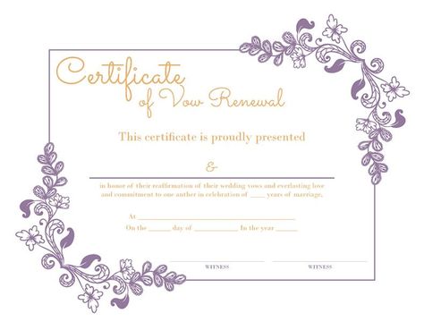 Free Printable Purple Floral Certificate of Vow Renewal Renewing your wedding vows and recommitment ceremonies are a wonderful way to remind your spouse how much in love with them you are and that you would say I Do Still anytime! Commemorate Vow Renewal Certificate Printable, Vow Renewal Certificate Printable Free, Vow Renewal Certificate, Wedding Certificate Template, Marriage Covenant, Renewal Vows, Blank Certificate Template, Wedding Vows To Husband, Blank Certificate