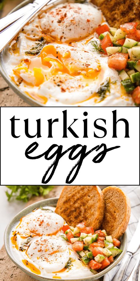 This Turkish Eggs recipe (Çilbir) is a delicious & healthy breakfast made with poached eggs, garlic yogurt sauce, chili oil, and fresh veggies. Learn how to make poached eggs the EASY way to enjoy these Turkish Eggs with yogurt! Recipe from thebusybaker.ca! #turkisheggs #turkisheggsrecipe #turkisheggswithyogurt #healthybreakfast #ketobreakfast #health #lowcarb #mediterraneandiet via @busybakerblog Poached Egg Dishes, Turkish Eggs Recipe, Cilbir Recipe, Turkish Eggs Breakfast, Yogurt Dishes, Garlic Yogurt Sauce, Easy Poached Eggs, Delicious Healthy Breakfast, Garlic Yogurt