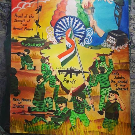 Proud of Our Indian Army 🇮🇳 . . Follow ➡️ @pritiartcircle & #pritiartcircle . #swarnimvijayvarsh #independenceday🇮🇳 #indianarmy… | Instagram Poster On Republic Day, Indian Army Drawings, Button Art On Canvas, Basic Sketch, Army Drawing, Soldier Drawing, Independence Day Drawing, Flag Drawing, India Poster