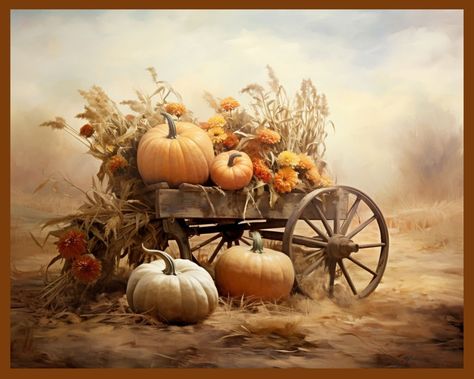 Capture the essence of autumn with this beautifully rendered oil painting featuring a rustic wooden cart overflowing with vibrant orange pumpkins. Set against a backdrop of colorful fall foliage and a distant mountain, this scene evokes the serene beauty of a crisp autumn day. Ideal for creating a welcoming atmosphere, this piece embodies the beauty and warmth of fall. Description: Enhance your home decor with this beautiful wall art! This digital download is perfect for printing at home or thro Thanksgiving Scenes, Fall Landscapes, Pumpkin Oil, Fall Cottage, Wooden Cart, Fall Clip Art, Welcome Autumn, Fall Landscape, Landscape Mountain